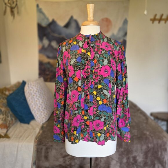 Hunter Bell Taylor Top Silk Floral Blouse Button Front Billow Sleeve Size L - Picture 7 of 16